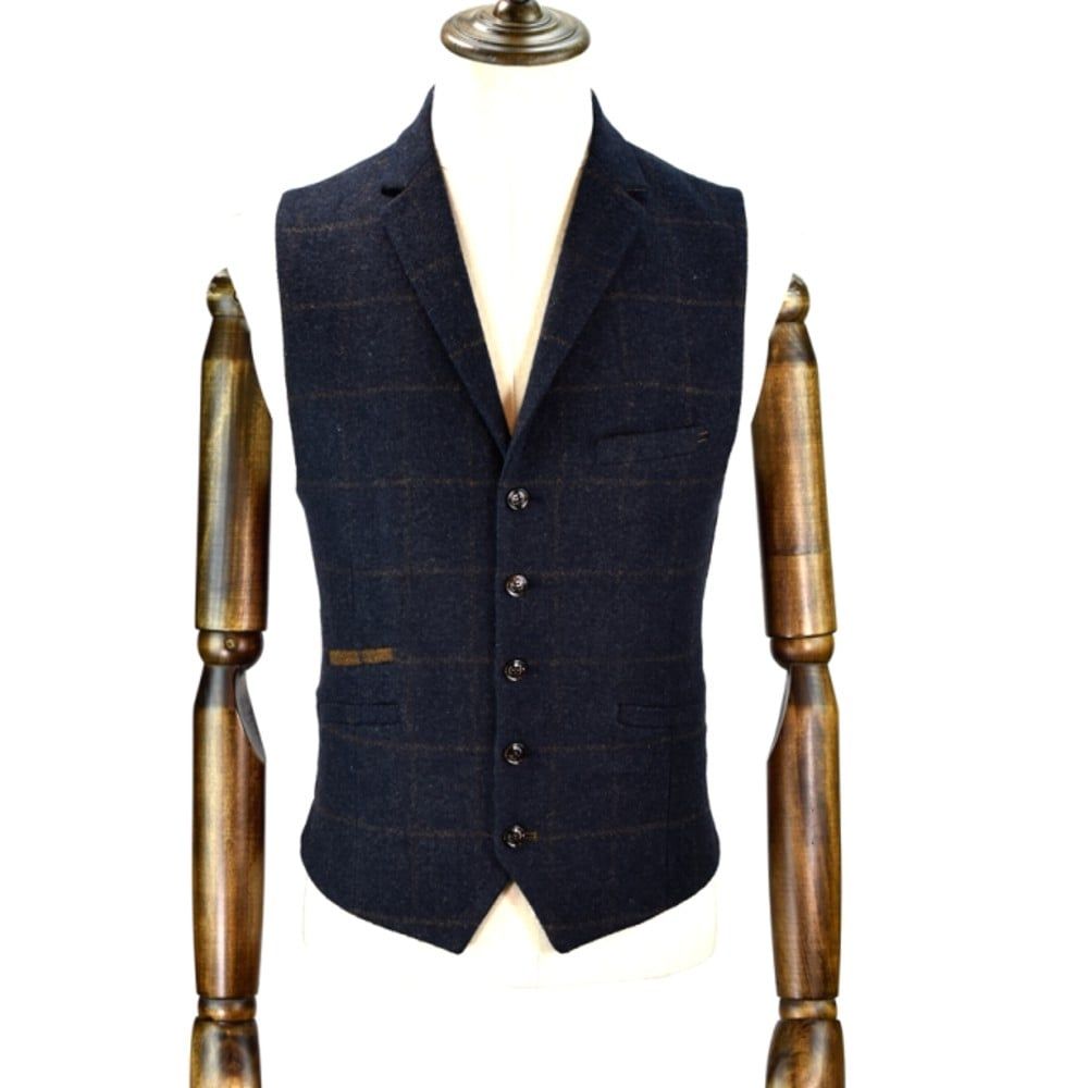 Cavani Kemson Mens Check Wool Mix Slim Fit Waistcoat Navy