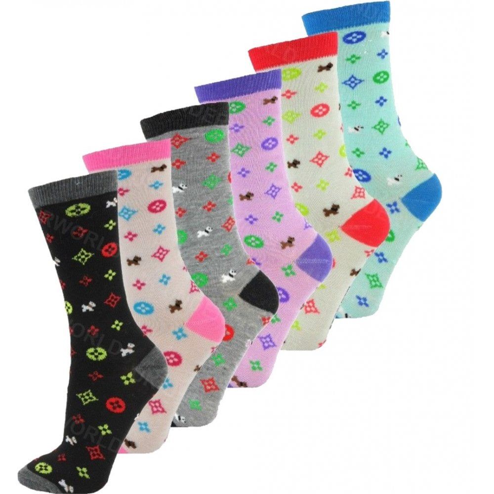 6 Pairs Ladies Womens Coloured Design Socks Cotton Blend Designer Adults 4-7
