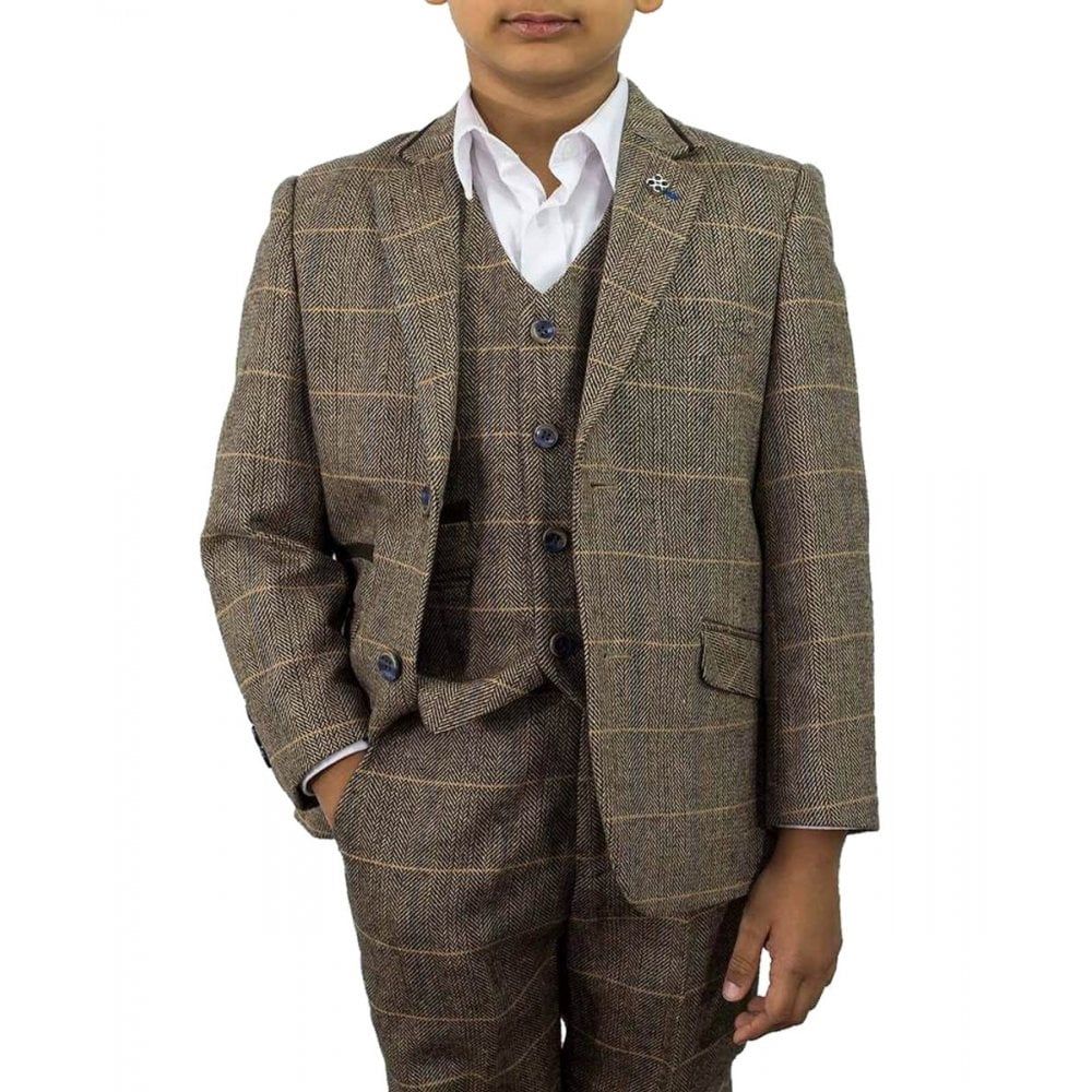 Cavani Boys Albert 3 Piece Suits Check Tweed Regular Fit Blazer Brown Check