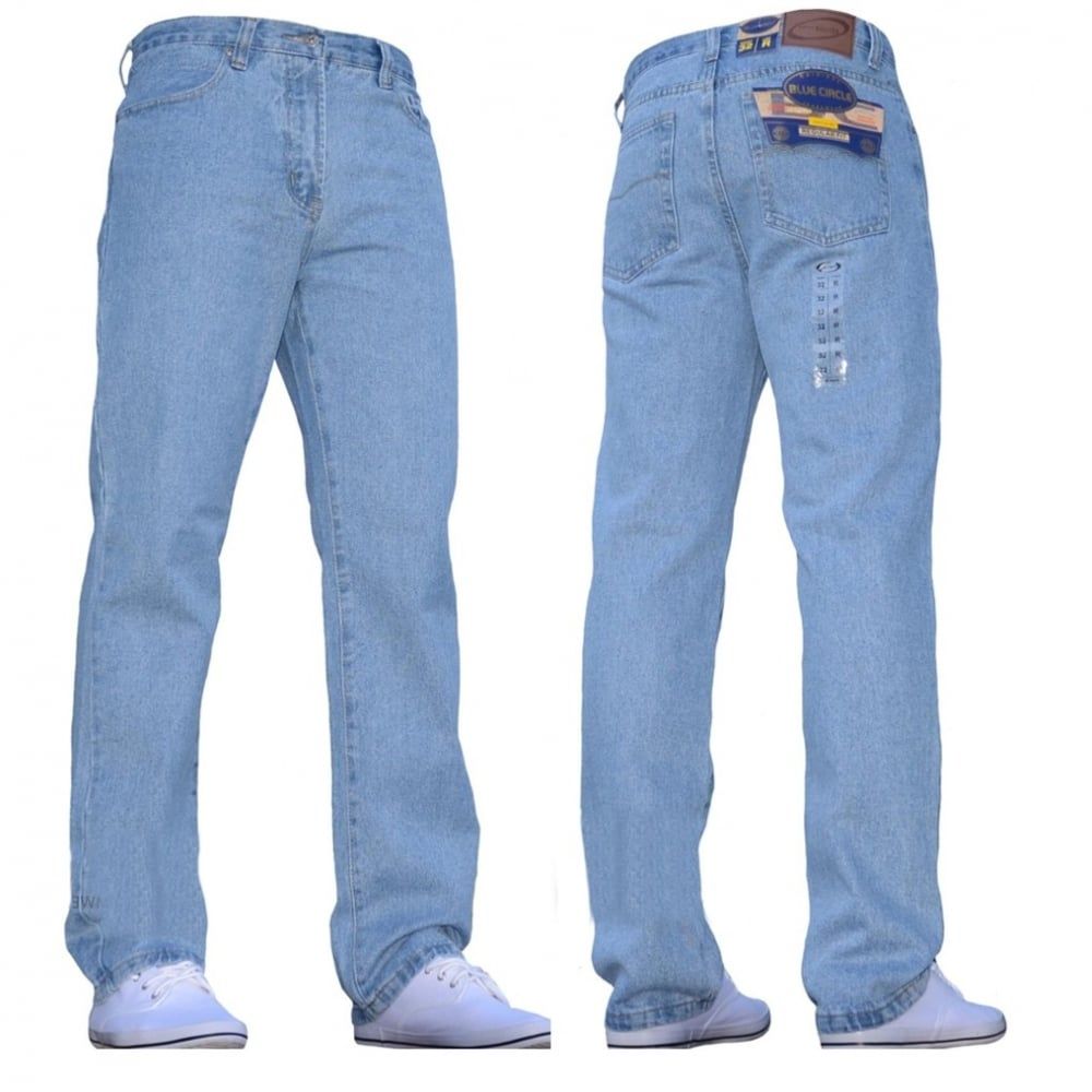 Mens Blue Circle Jeans Heavy Duty Workwear Straight Regular Fit Light Wash Jeans 28-60