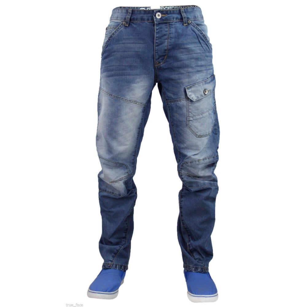 Crosshatch Mens New Vierra Twisted Leg Jeans Stone Wash Used Look