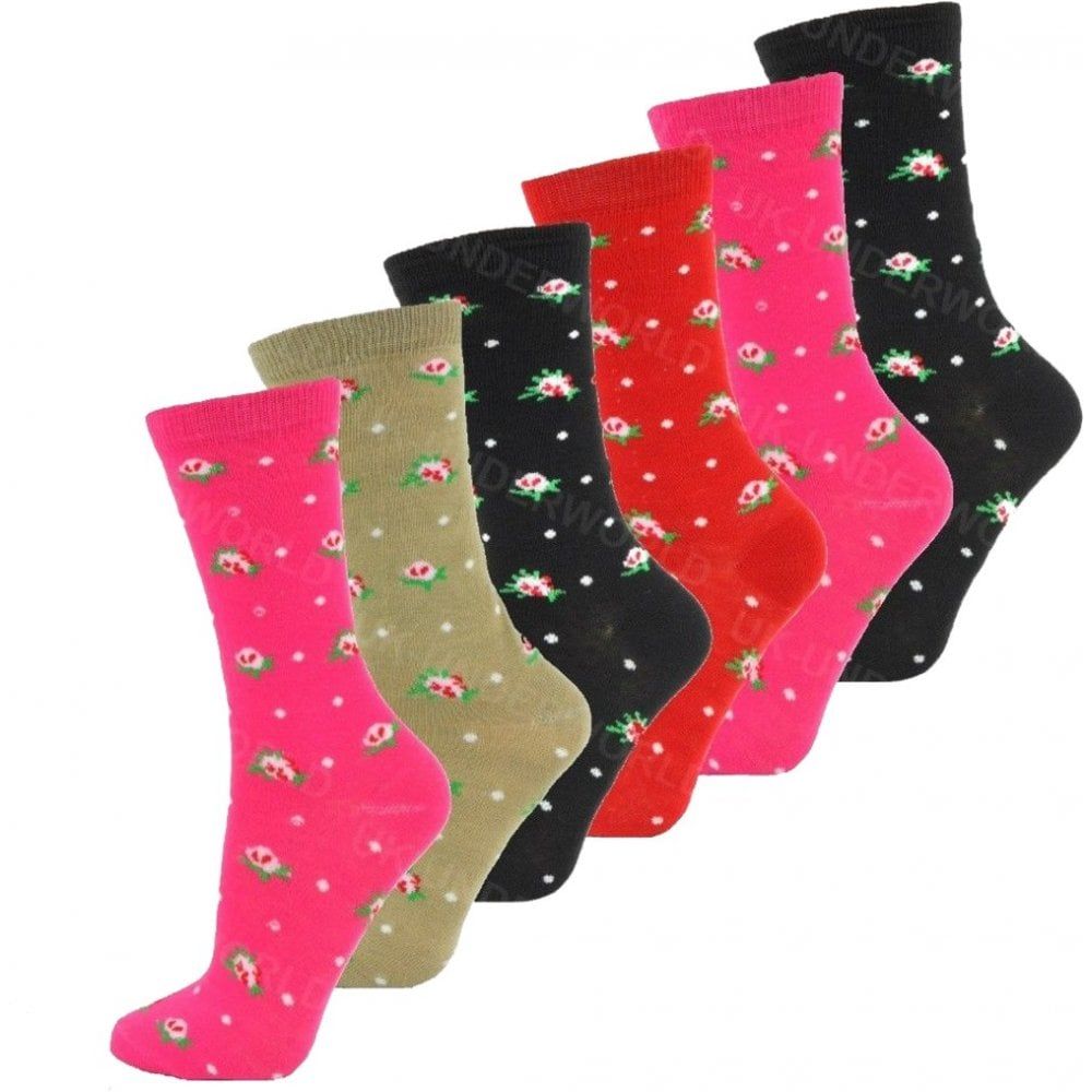 6 Pairs Ladies Womens Coloured Design Socks Cotton Blend Designer Adults 4-7