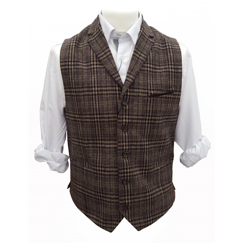 Cavani Walter Mens Check Herringbone Tweed Regular Fit Waistcoat Brown