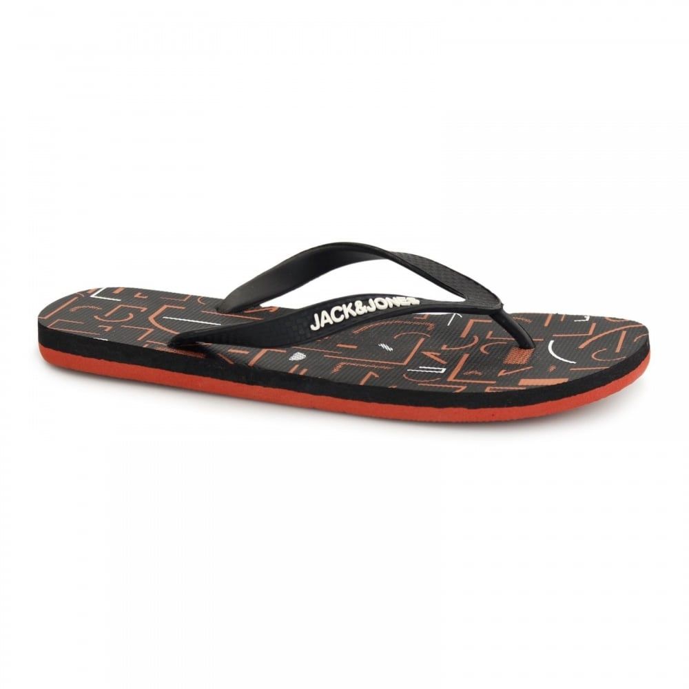 Mens Jack & Jones New Tech Print Rubber Branded Flip Flops Black