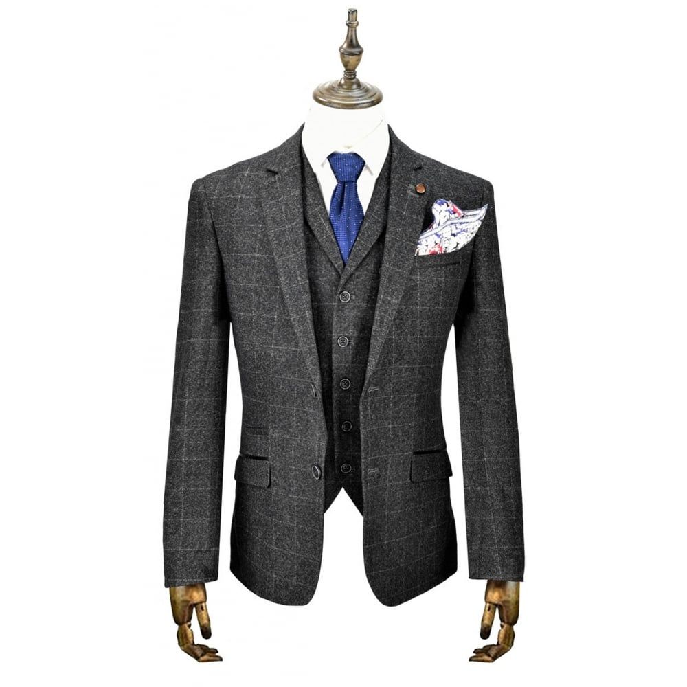 Cavani Draco 3 Piece Suits Check Tweed Regular Fit Blazer Grey Check