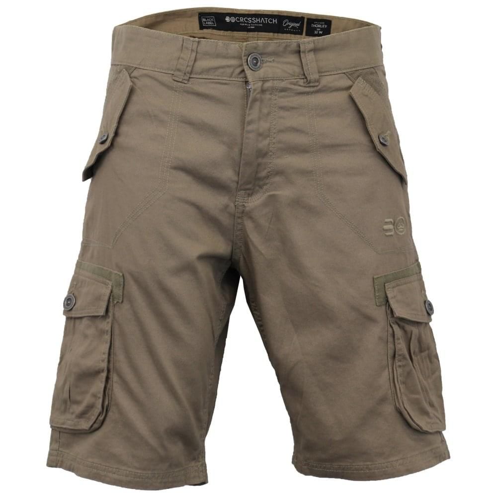 Crosshatch Mens Thorley Designer Cargo Combat Chino Shorts Timber Wolf