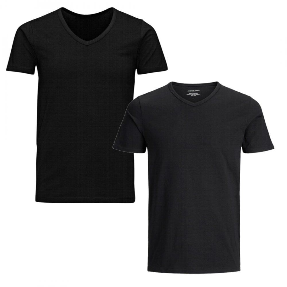 Jack & Jones New Mens 2 Pack V Neck Slim Fit T-shirt Stretchy Plain Lycra Cotton Tee Black