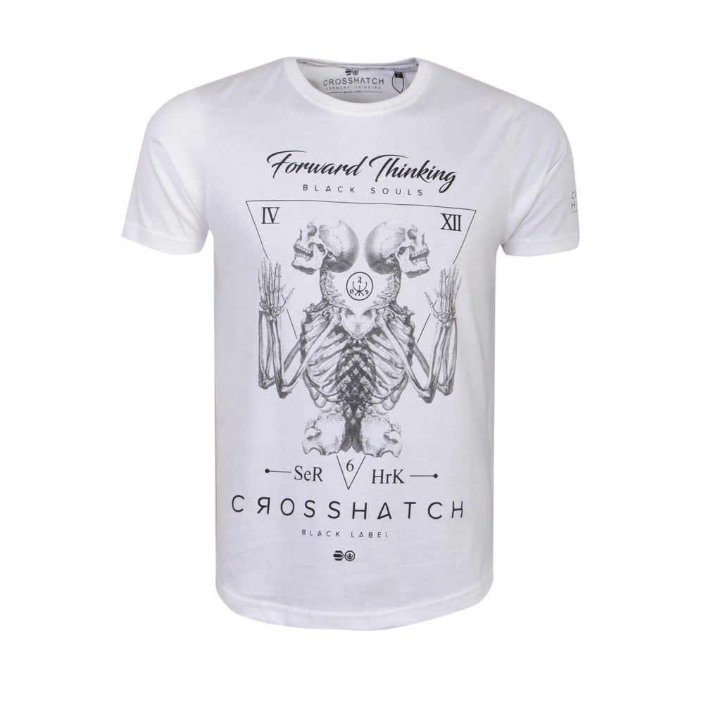 Crosshatch Mens Bones Designer Casual Skull T Shirt White