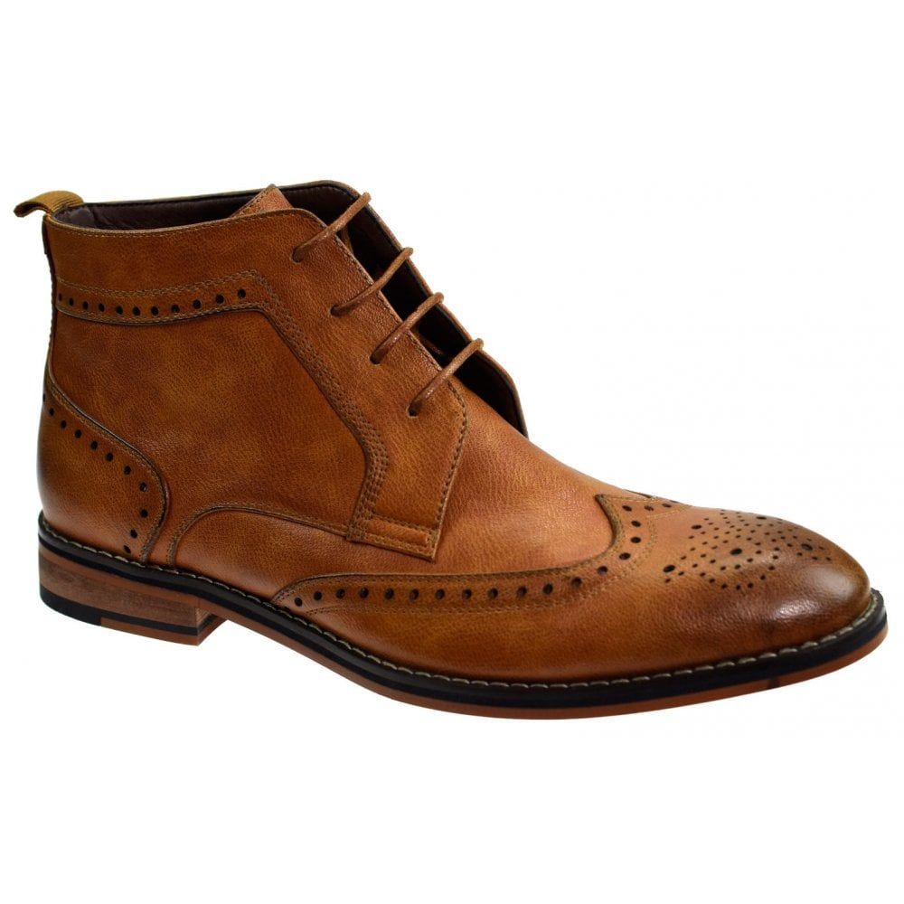Cavani Mens Sava Brogue Ankle Faux Leather Look Boots Tan