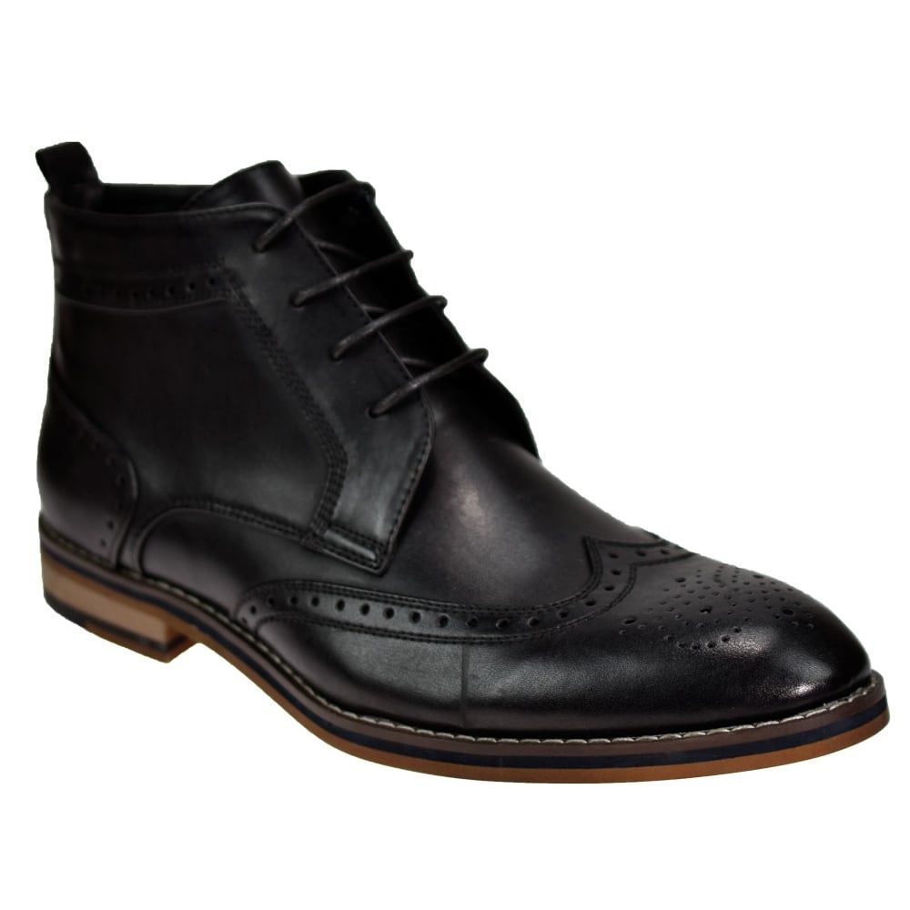 Voeut Mens Sava Brogue Ankle Leather Look Boots Black