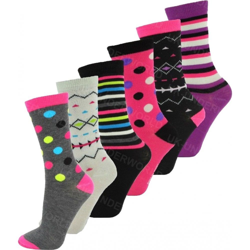 6 Pairs Ladies Womens Coloured Design Socks Cotton Blend Designer Adults 4-7