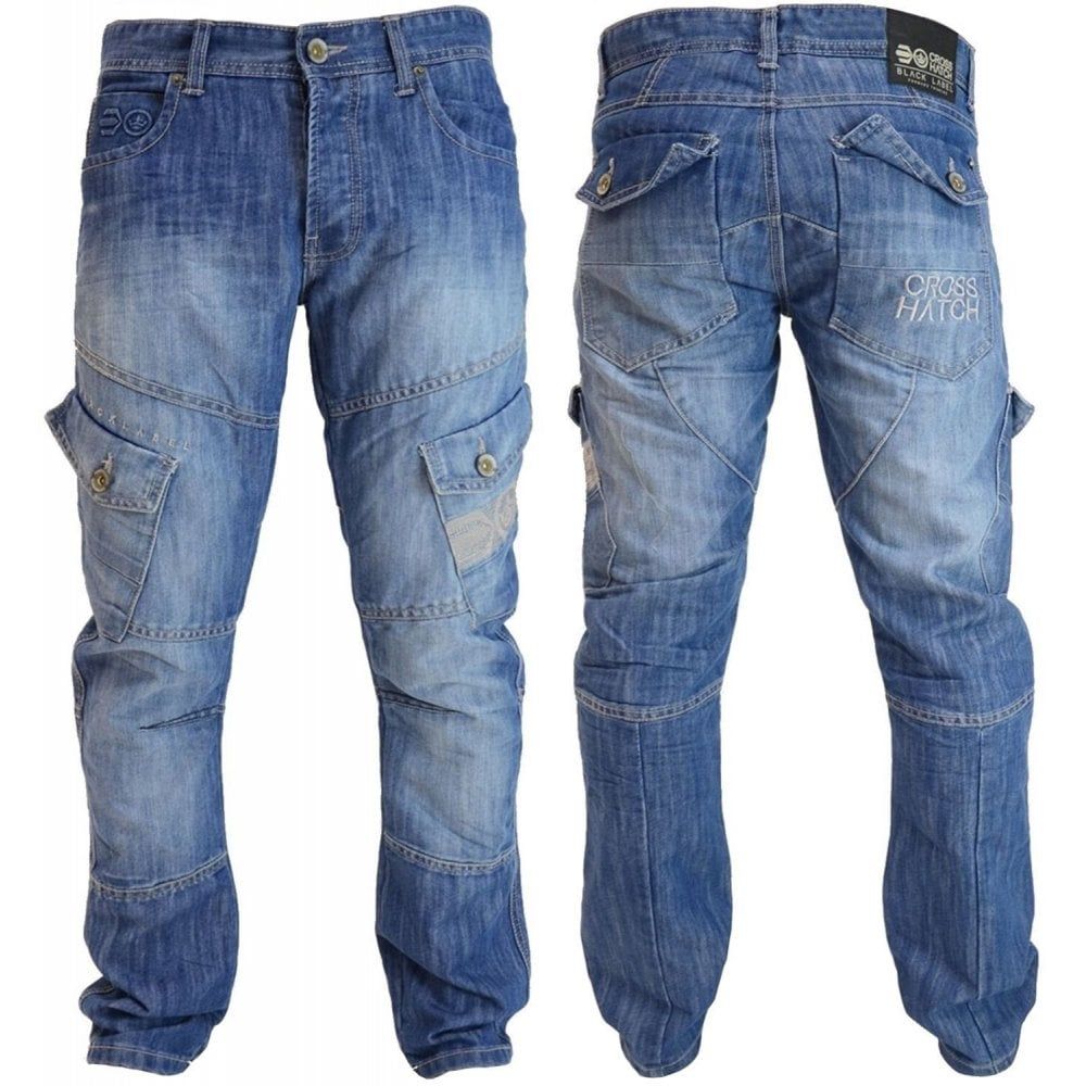 Mens Crosshatch New CARGO Combat Light Washed Straight Leg Jeans