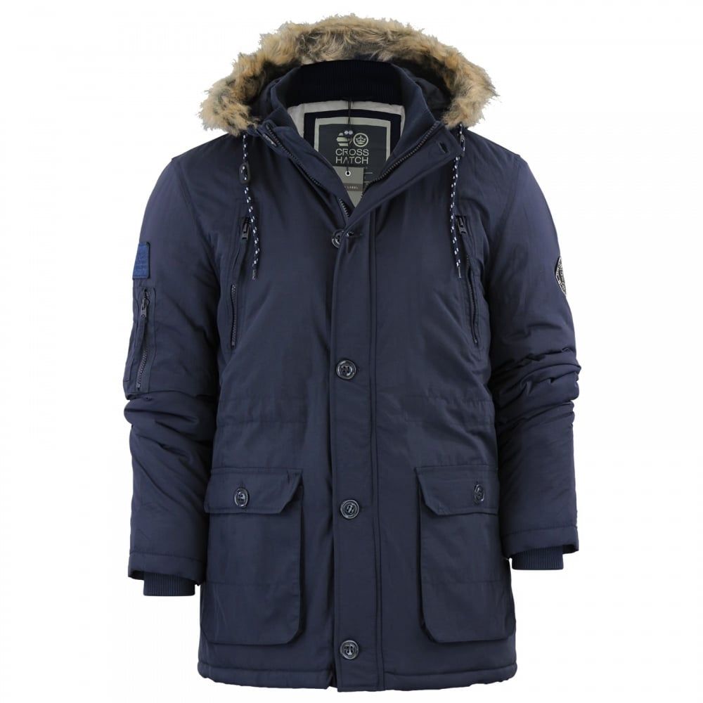 Mens Crosshatch New Killborn Faux Fur Hooded Padded Winter Coat Navy