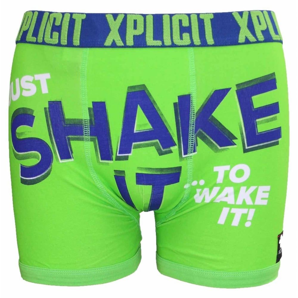 Xplicit Men's Funny Rude Shake It Geek Cartoon Novelty Boxer Shorts Trunks Green Flash