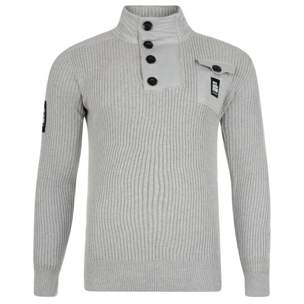 Lucksons Cotton Ribbed Funnel Neck Knit Jumper Quilted Trim Lt Grey