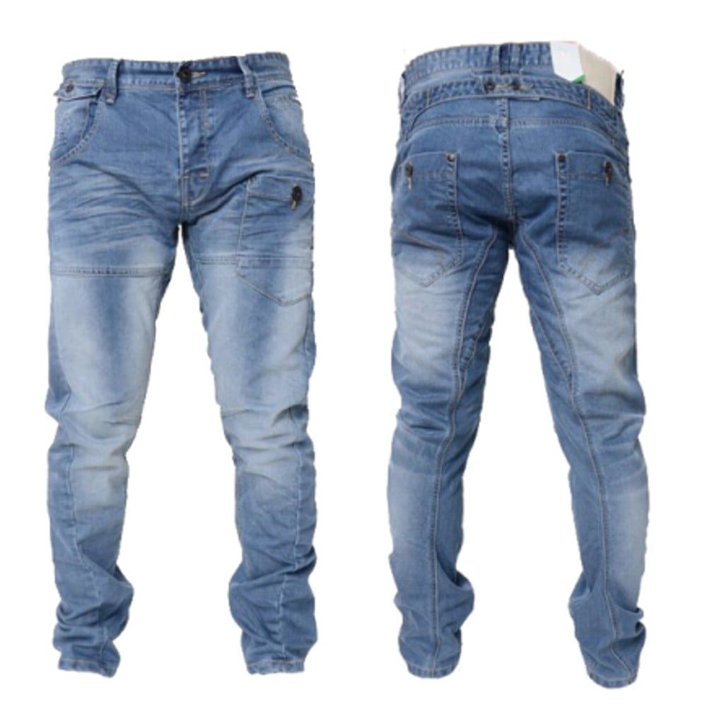 Crosshatch Mens Kractus Designer Twisted Leg Regular Fit Tapered Jeans Midwash