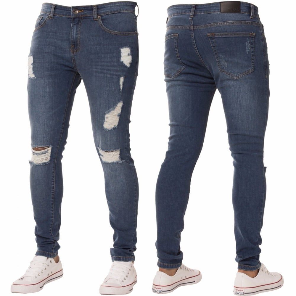 New ENZO Mens Designer Stretch Super Skinny Ripped Denim Jeans Mid Stonewash
