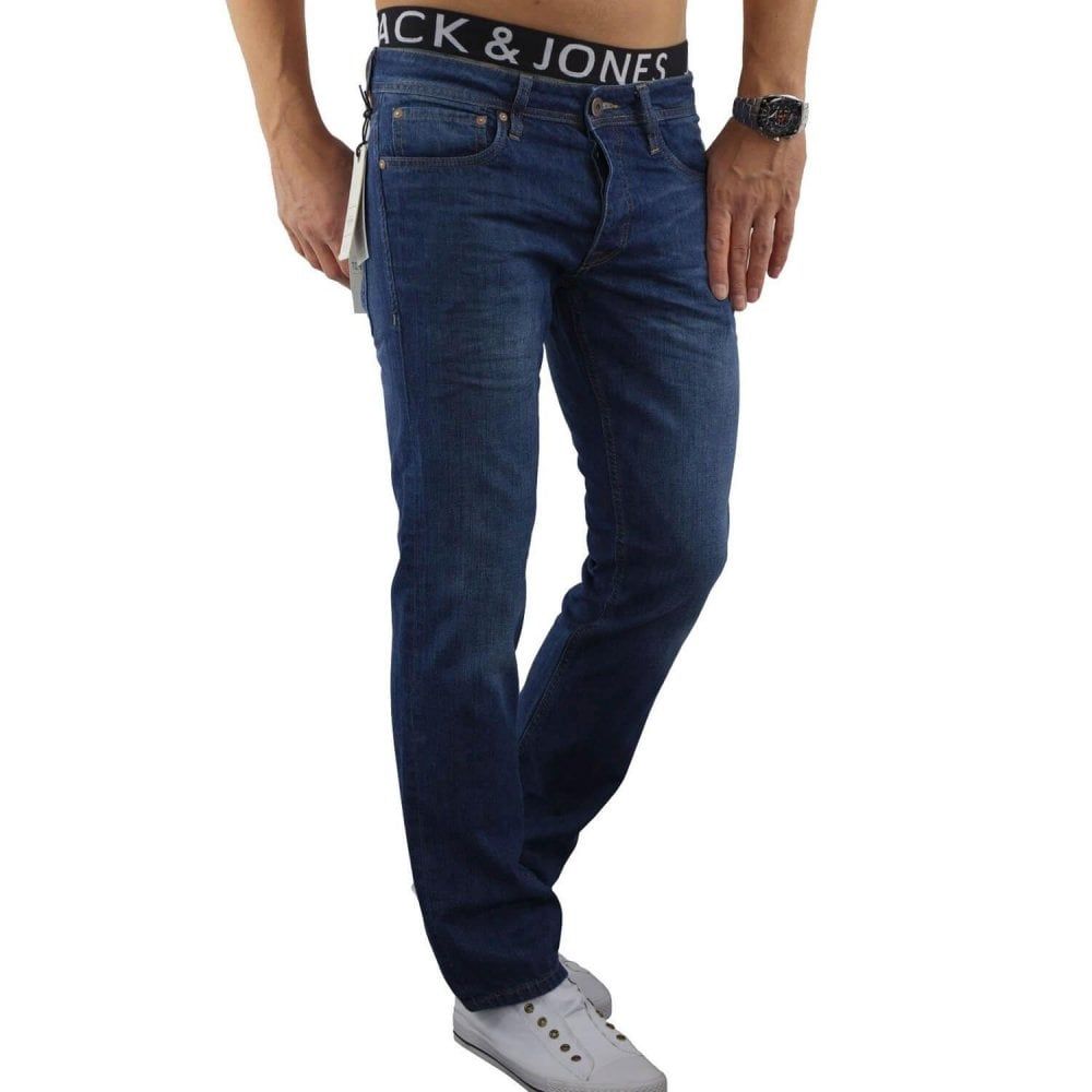 Jack & Jones Mens Clark Original Straight Leg Fit Jeans Mid Stone Used Look