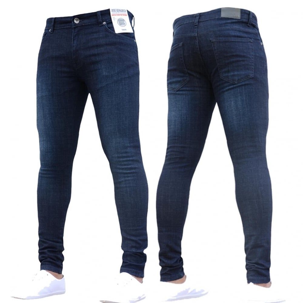 New ENZO Mens Designer Stretch Super Skinny Denim Jeans Dark Stonewash Blue