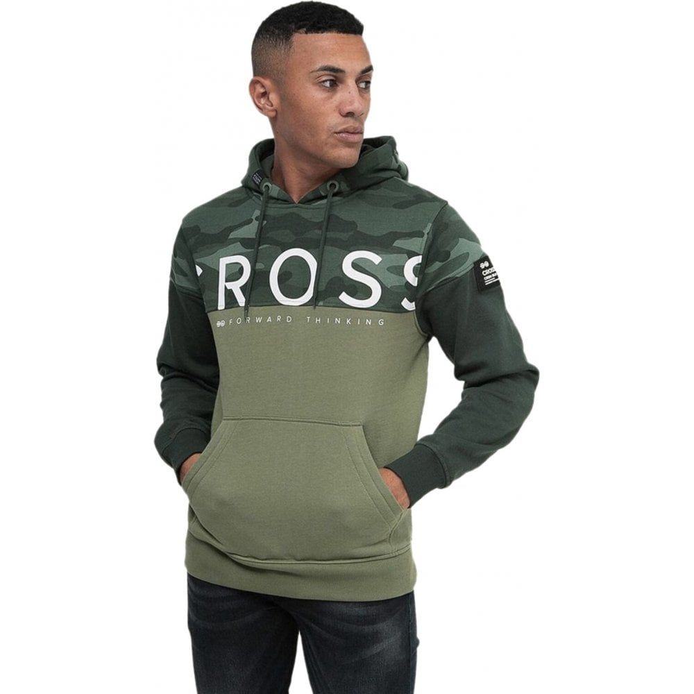 Mens Hoodie Crosshatch Popof Green Camo Panel Sweatshirt Jumper Top Pullover 