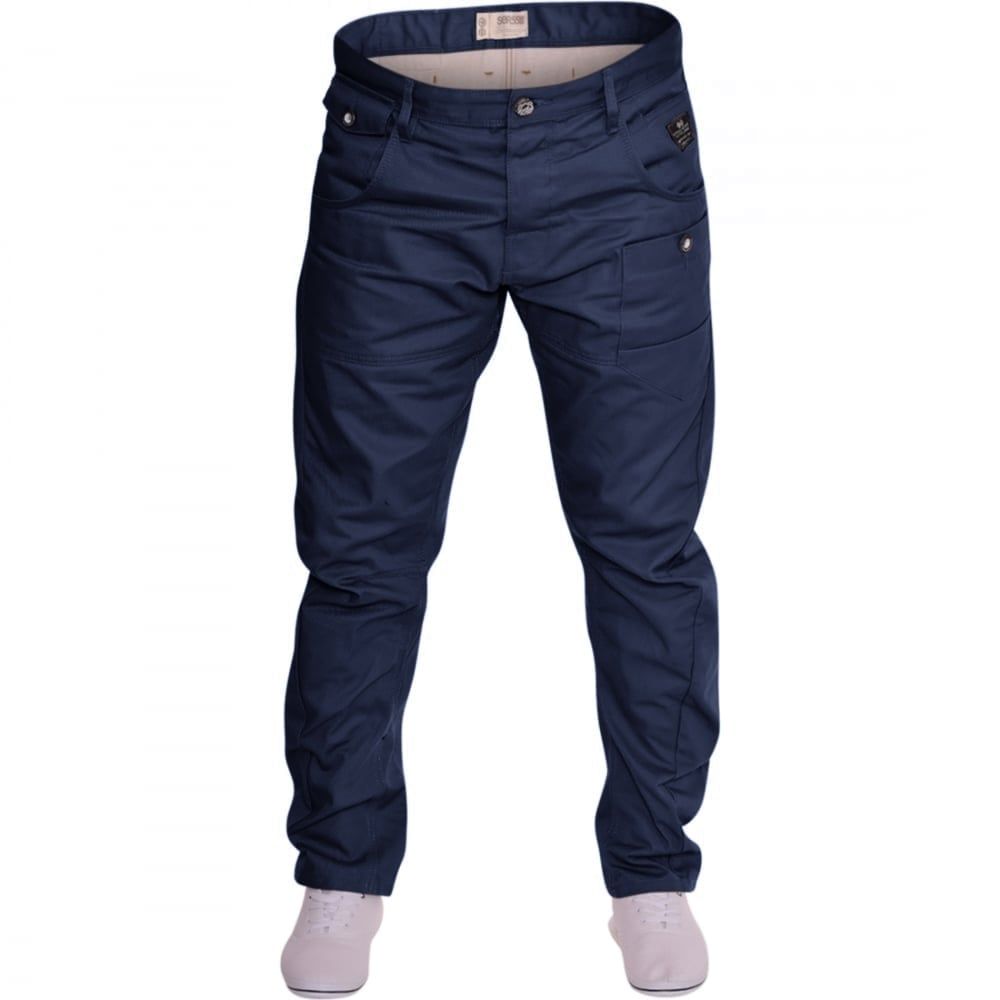 Crosshatch Mens Kractus Designer Twisted Leg Regular Fit Tapered Chinos Jeans Navy