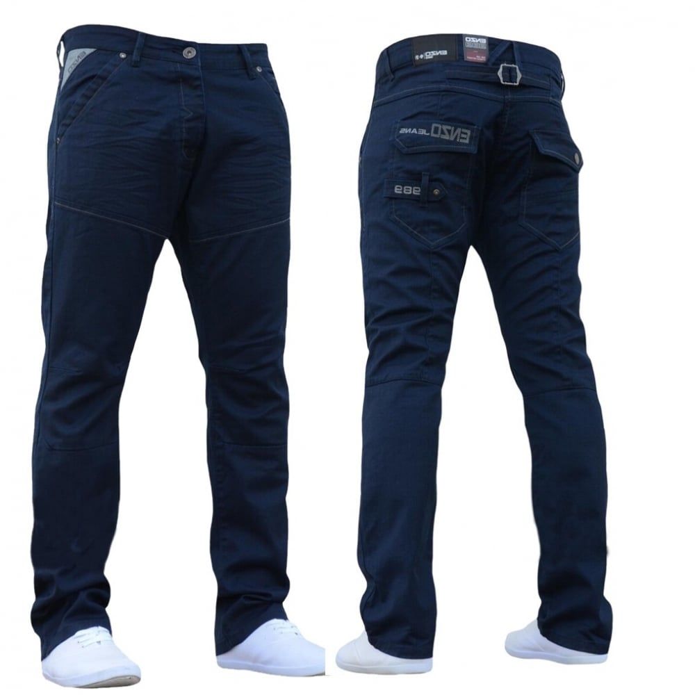 Enzo Mens New EZ329 Regular Fit Straight Leg Jeans Coated Navy Jeans