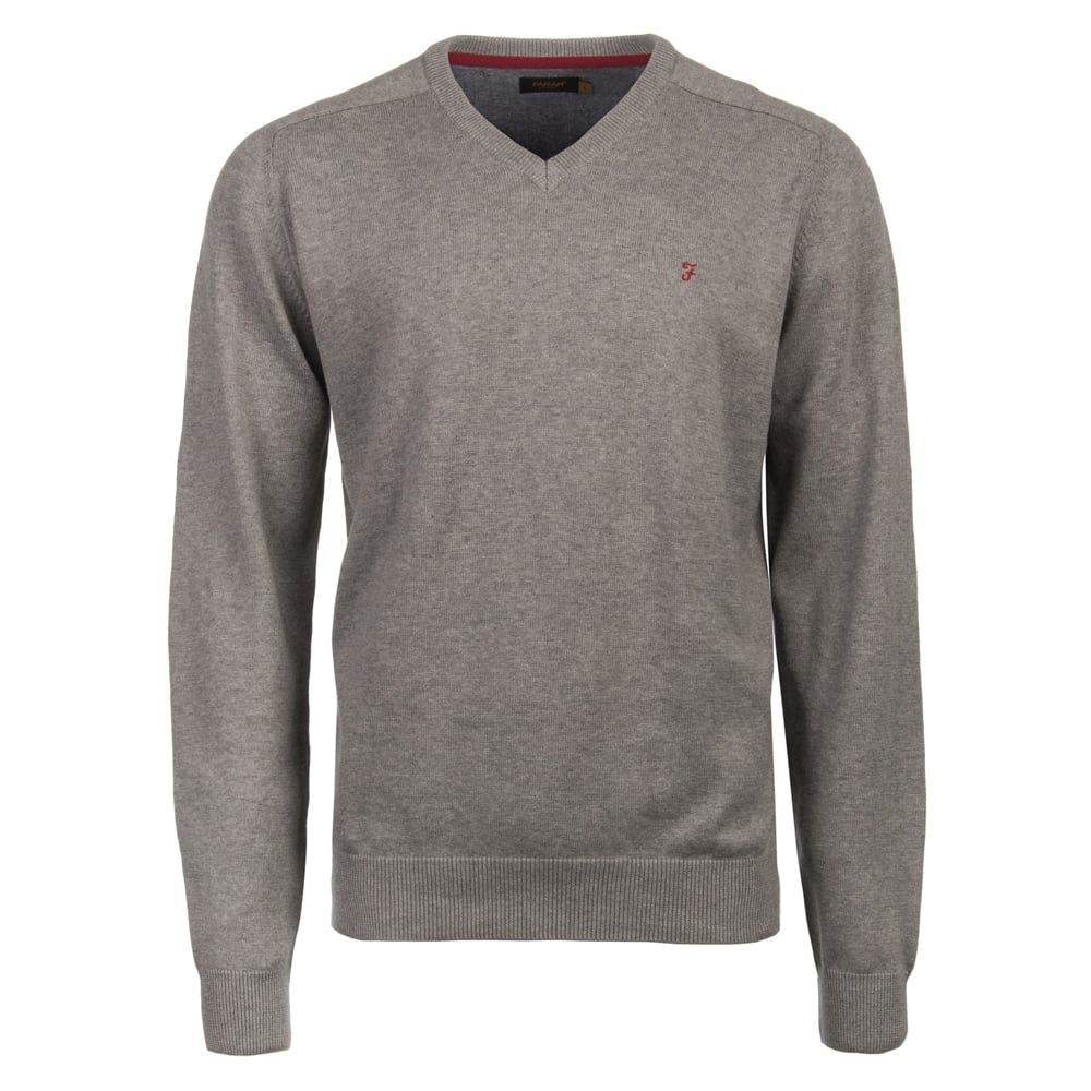 Farah Stern Knitted V Neck Jumper Grey Melange