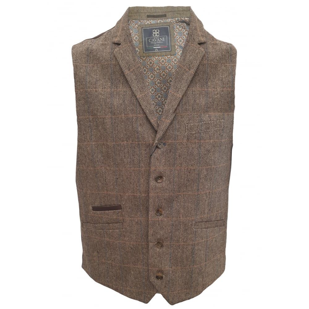 Cavani Mens Check Miles Herringbone Slim Fit Waistcoat Brown