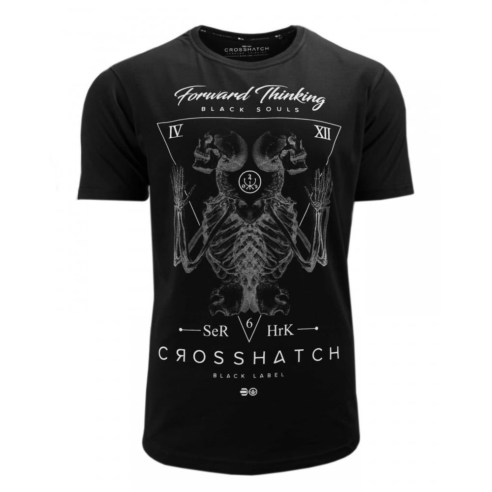 Crosshatch Mens Bones Designer Casual Skull T Shirt Black