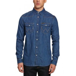 Mens Wrangler Authentic New Western Style Denim Shirt Mid Indigo 