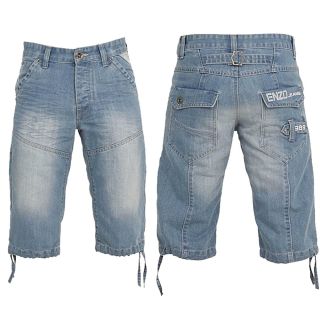 Enzo EZS 243 Mens Designer Branded Denim Combat Shorts Bleach Wash