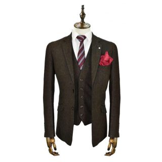 Cavani Kaos Mens 3 Piece Suits Plain Tweed Regular Fit Blazer Brown