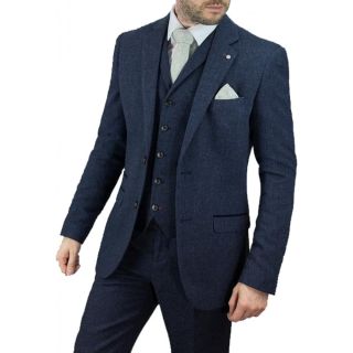 Cavani Martez 3 Piece Suits Herringbone Regular Fit Blazer Blue