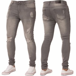 New ENZO Mens Designer Stretch Super Skinny Ripped Denim Jeans Grey