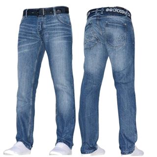 Crosshatch Mens New Techno Embossed Straight Leg Jeans Mid Used Look
