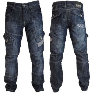 Mens Crosshatch New CARGO Combat Dark Washed Straight Leg Jeans