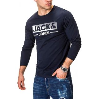 Mens Jack & Jones New Town Designer Classic Long Sleeve T Shirt Sky Captain