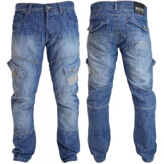 Mens Crosshatch New CARGO Combat Light Washed Straight Leg Jeans
