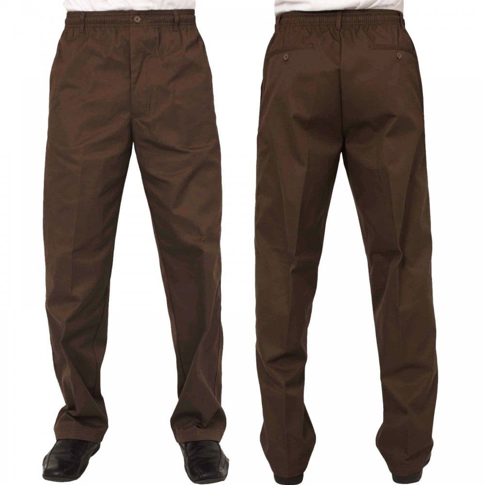 Mens Carabou New Elasticated Waist Work Casual Plain Rugby Trousers Coffee
