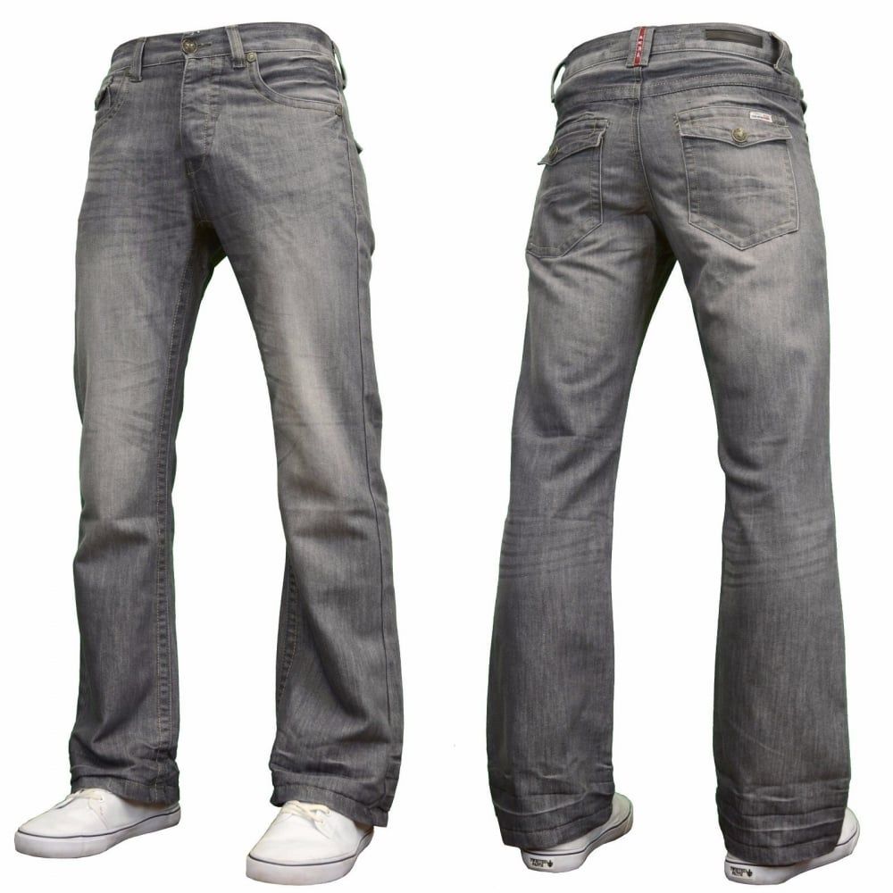 Enzo Mens A42 Designer Flared Bootcut Denim Grey Wash Jeans