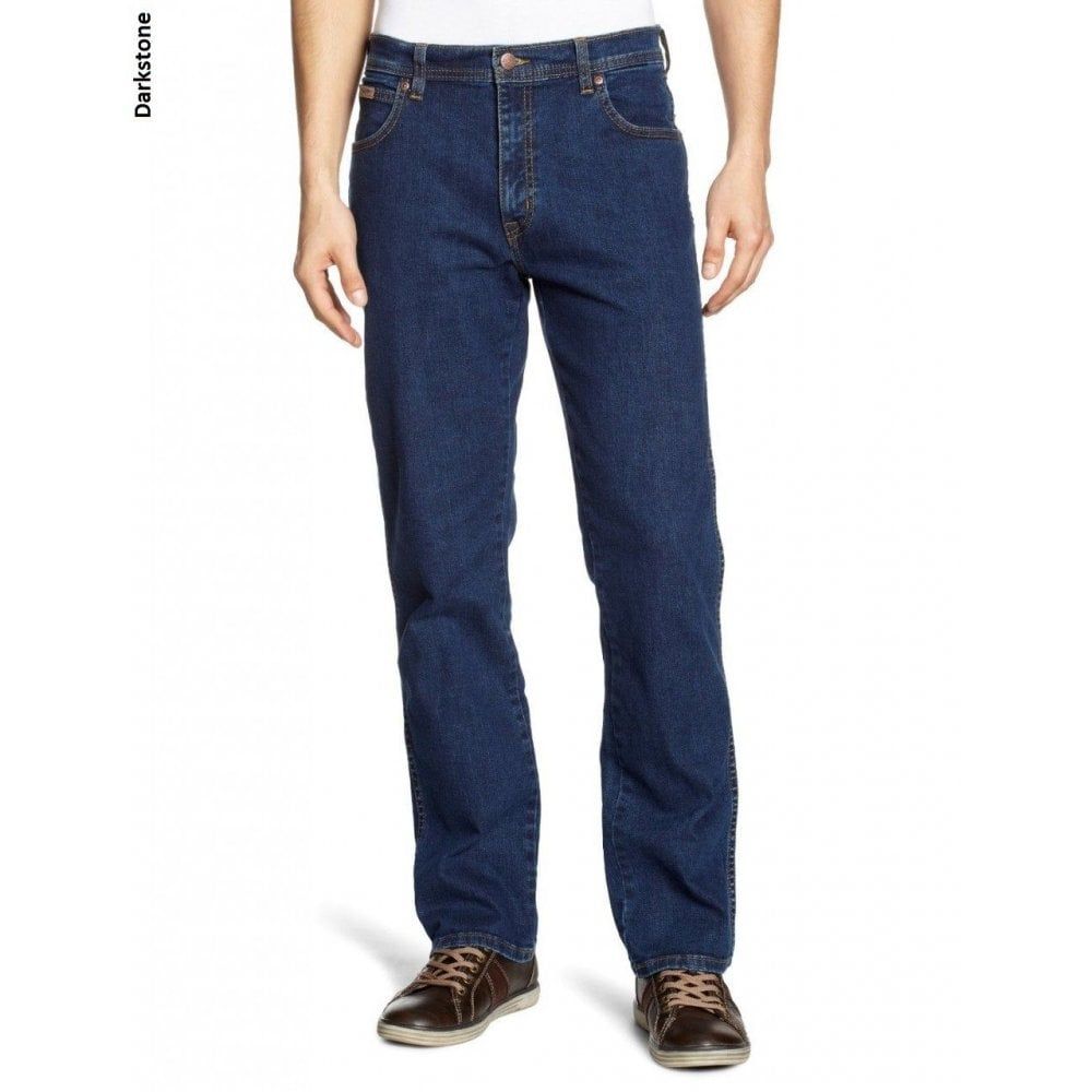 Mens Wrangler Texas Stretch Regular Fit Authentic Jeans Dark Stonewash Blue
