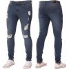 New ENZO Mens Designer Stretch Super Skinny Ripped Denim Jeans Mid Stonewash